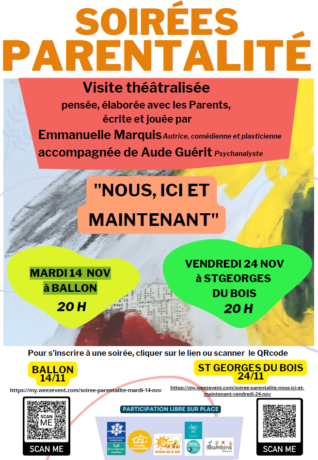 Affiche de présentation et d'inscription des soirées parentalité organisées par le Relais Petite Enfance de la CdC Aunis Sud